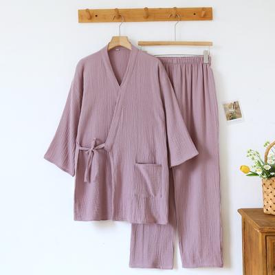 2026 Neues Paar Japanisches Kimono-Set 100% Baumwoll-Kreppstoff Damen Frühling und Herbst Einfache einfarbige Hauskleidung