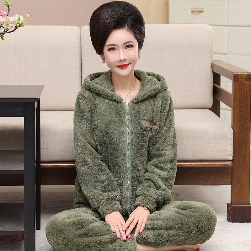 Autumn and Winter Coral Fleece Pajamas Ladies Zipper Hooded Plus Velvet Thick Warm Flannel Home Service
