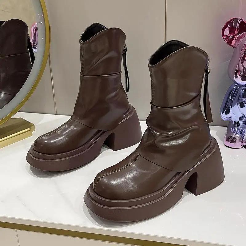 British Round Toe Thick Sole Versatile Retro Boots for Women  New Summer Slimming, Small Stature Taller Short Boots