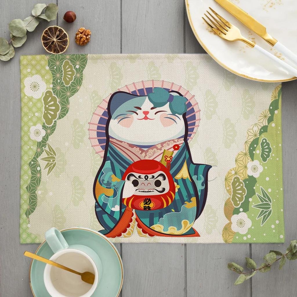 Unique Original Design Cute Plutus cat Placemat Japan Style Eat Udon noodles Table Mat Desktop Pad Cartoon cat Cup Coaster