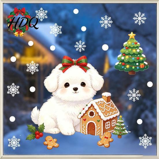 Holiday Party Home Decor Cute Dog Christmas Static Window Stickers Waterproof PVC Decals for Clings Store Glass Removable Festive Puppy Wall Indoor
