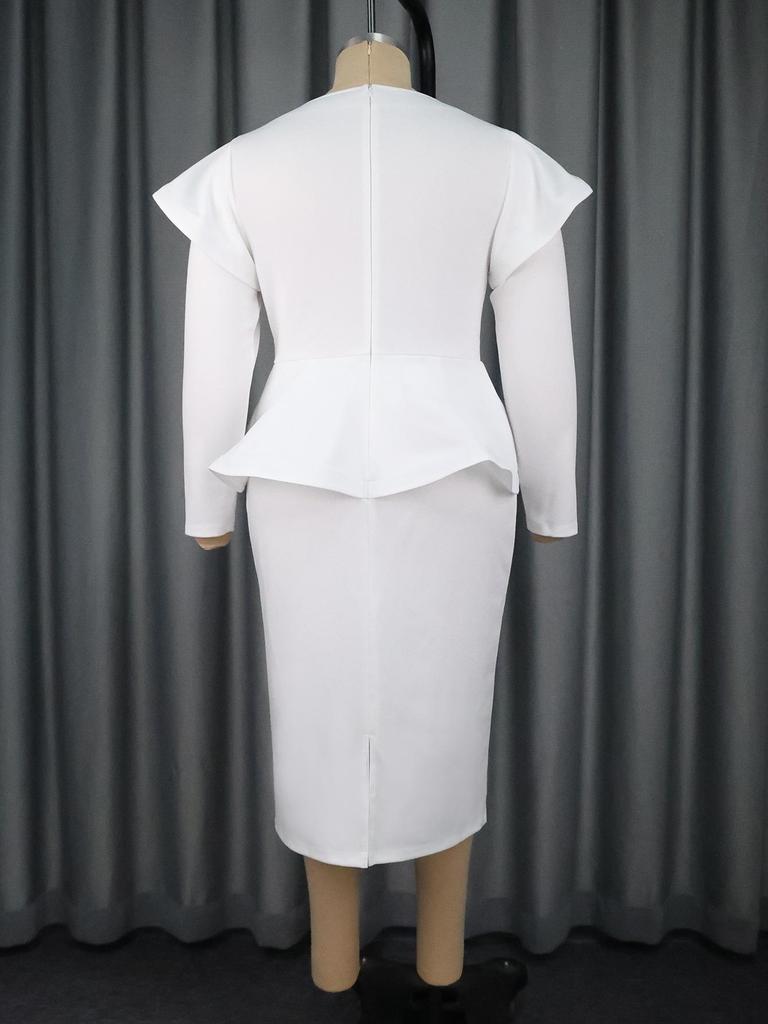Plus Size Women's Ruffle Sleeve Two-Piece Look Waist-Cinched Dress with Metal Buckle