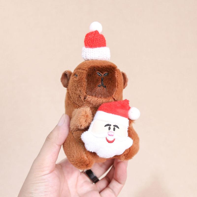 Lovely Christmas Capybara Pendant Plush Keychain Cute Soft Stuffed Doll Toy Backpack Hanging Decoration New Year Gift