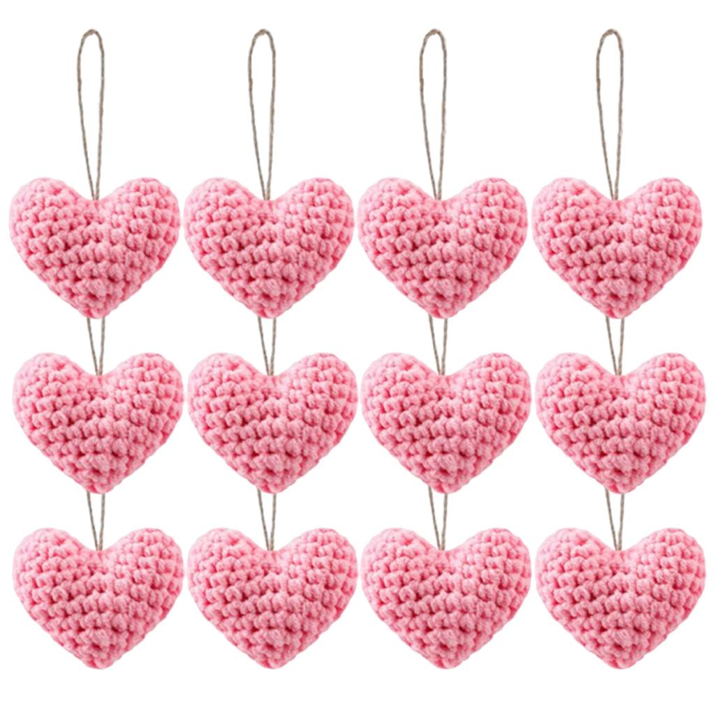 12Pcs Knitted Heart Hanging Pendant DIY Crochet Handmade Heart Tree Ornament Home Christmas Valentine's Day Wedding Party Decor