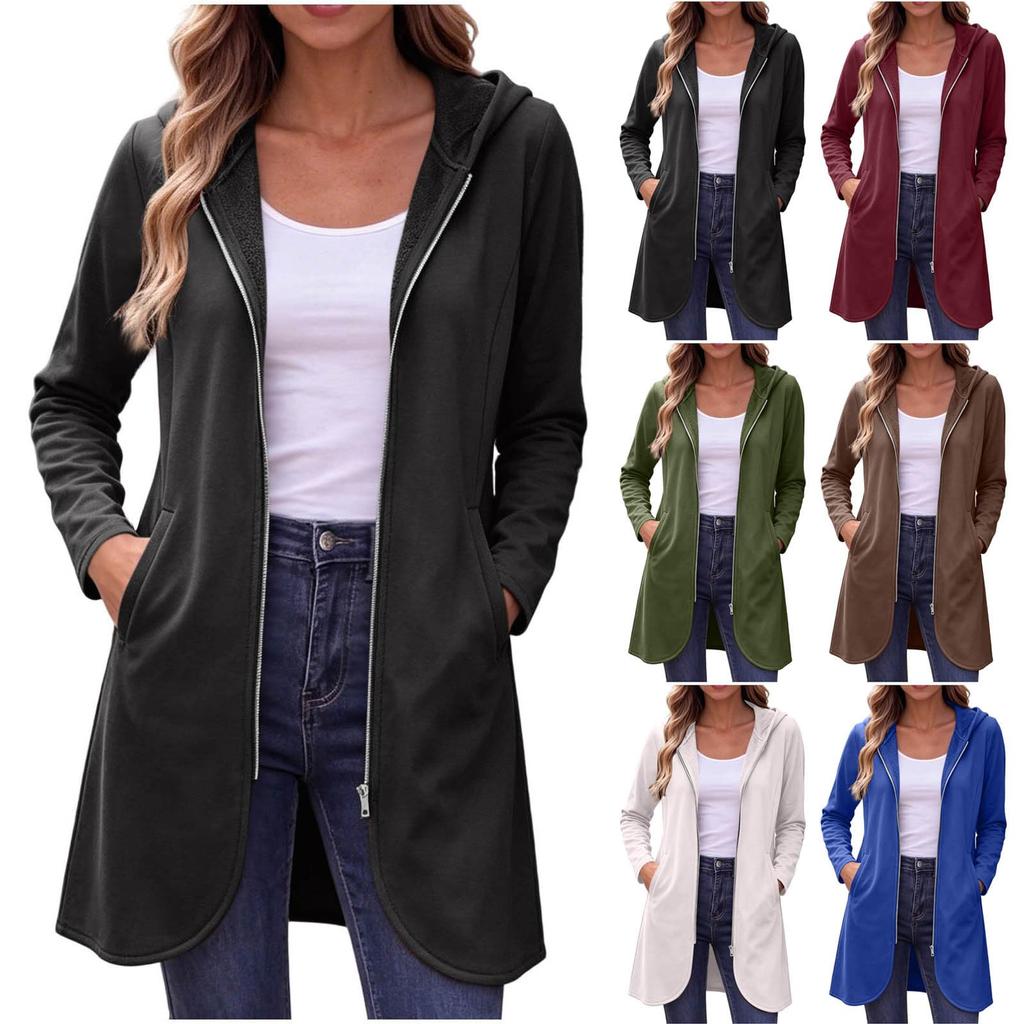 Manteau long à capuche zippé décontracté pour femme avec poches pour un usage quotidien