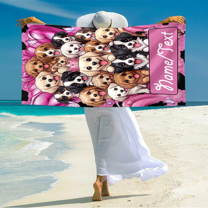 1PC Custom Name Puppy Party Pink Beach Towel Highly Absorbent And Sand-Resistant Towel for Swimming, Pool, Yoga, And Travel Lightweight