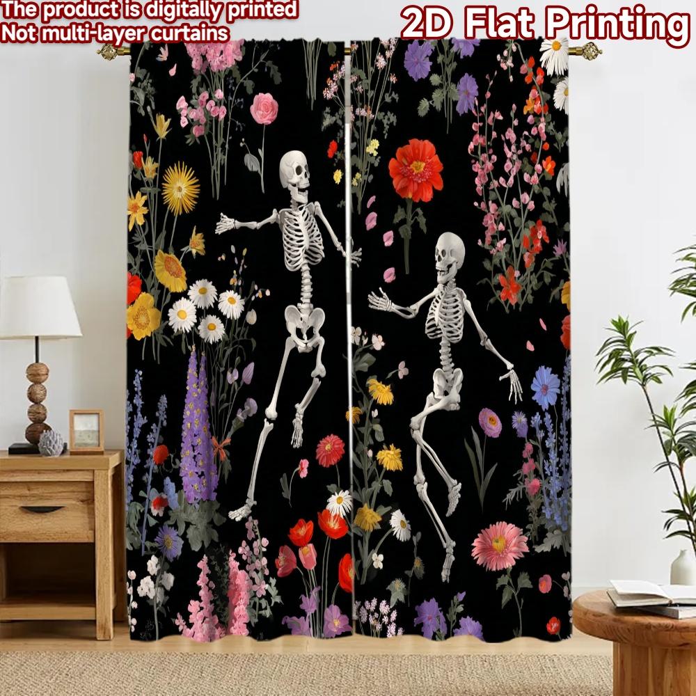 2D flat printing 2pcs Curtain Curtains Halloween Dancing Skeletons Flowers Digital Printed Polyester Drapes Party Decorations