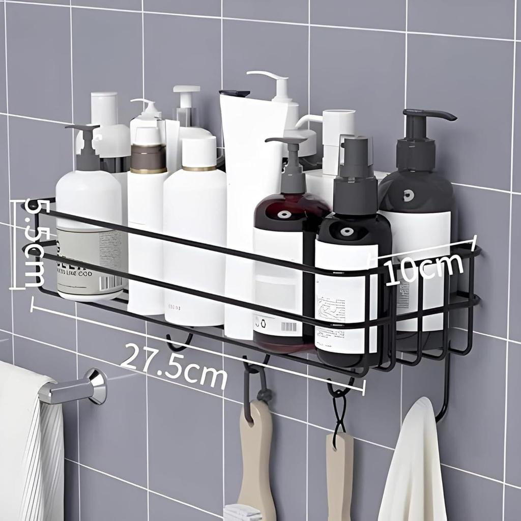4 Pcs Stainless Steel Bathroom Shelf for Wall | Self Adhesive Bathroom Organiser | 4 Hooks for Towel Holder | Space-Saving Wall Mounted Bathroom Shelf