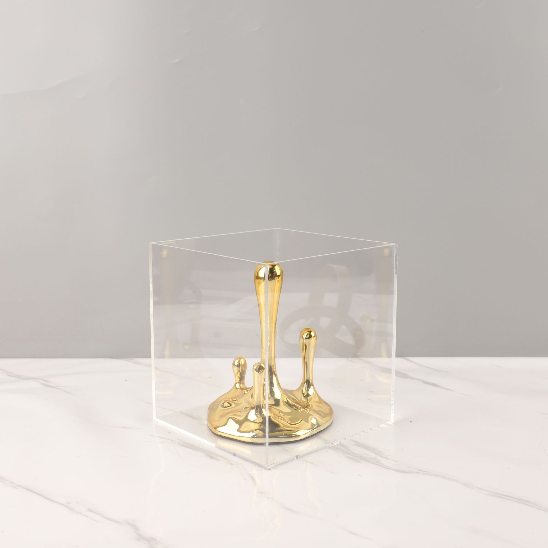 

Abstract Art Resin Silver Fluid Droplet Shaped Decorative Ornament, Square Transparent Acrylic Container Box, Home Decoration
