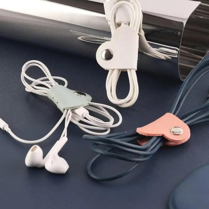 5/10Pcs Heart-Shaped Faux Leather Headphone Cable Winder, Data Cable Organizer, Cable Management Clip, Heart-Shaped Cable Winder