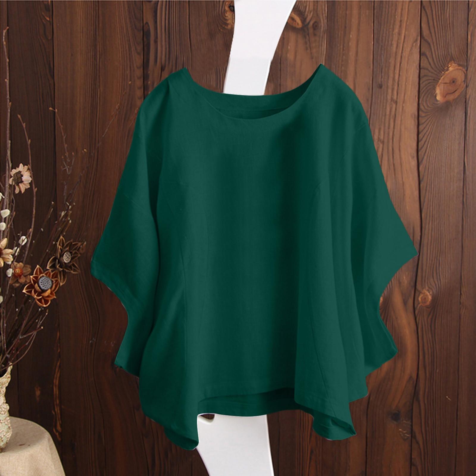 

Women s Fashion Casual Temperament Round Neck Short Sleeve Solid Color Cotton Hemp T-shirt Top S