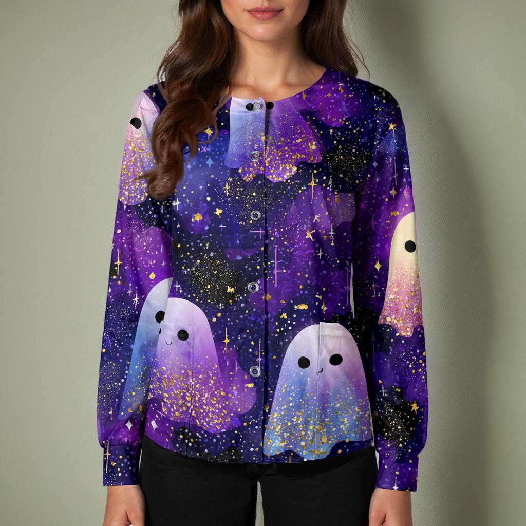 Women's Casual Long Sleeve Single-Breasted Halloween Print Cardigan Top for Fall