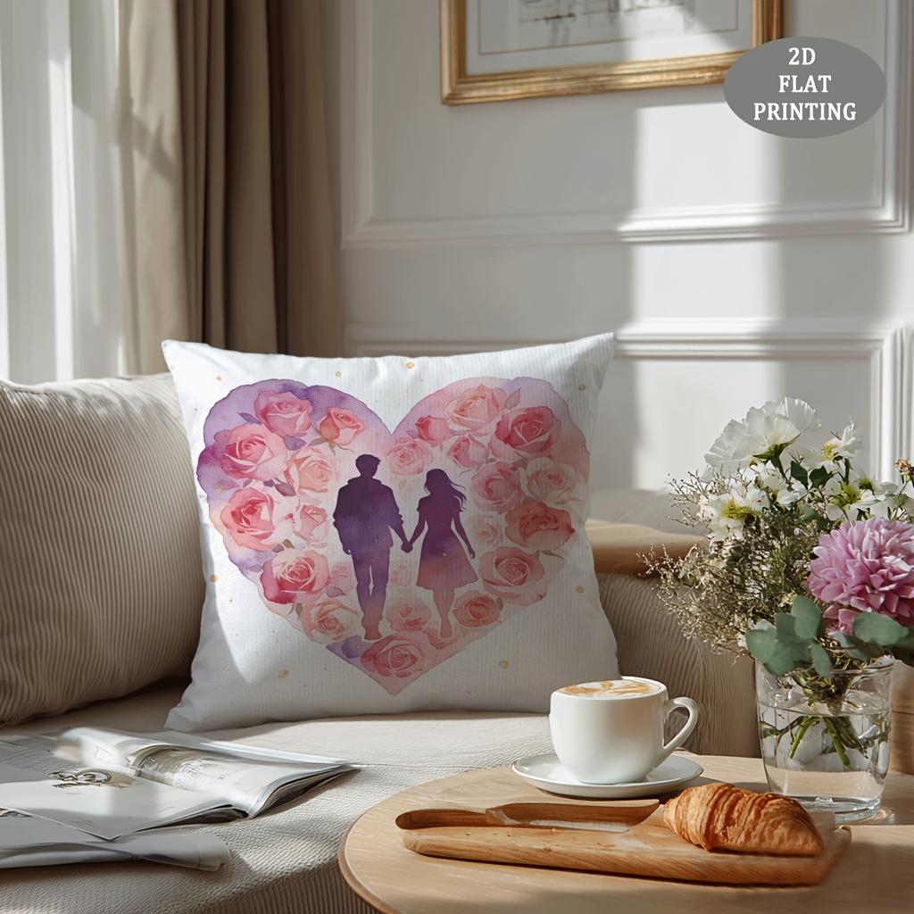 1pc Red Heart-Shaped Petal Pattern Plush Throw Pillow Cover | 2D Flat Printing, Single-Sided, 18x18 inch, Suitable for Sofa and Living Room Decor