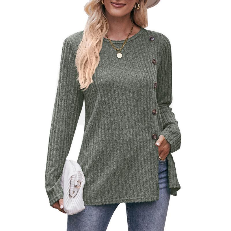Women's Autumn Button Fashion Solid Color Long-sleeved T-shirt