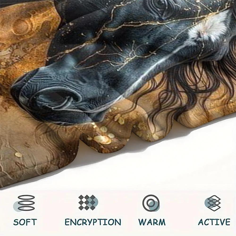 1Pc Black Horse Print Flannel Blanket, High Quality Comfortable for All Seasons, Home Decor, Warmth and Comfort, Perfect for Gifts