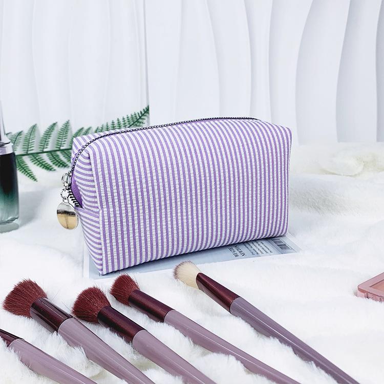 Seersucker Makeup & Toiletry Bag: Large Capacity, Embroidered, Striped Travel Clutch