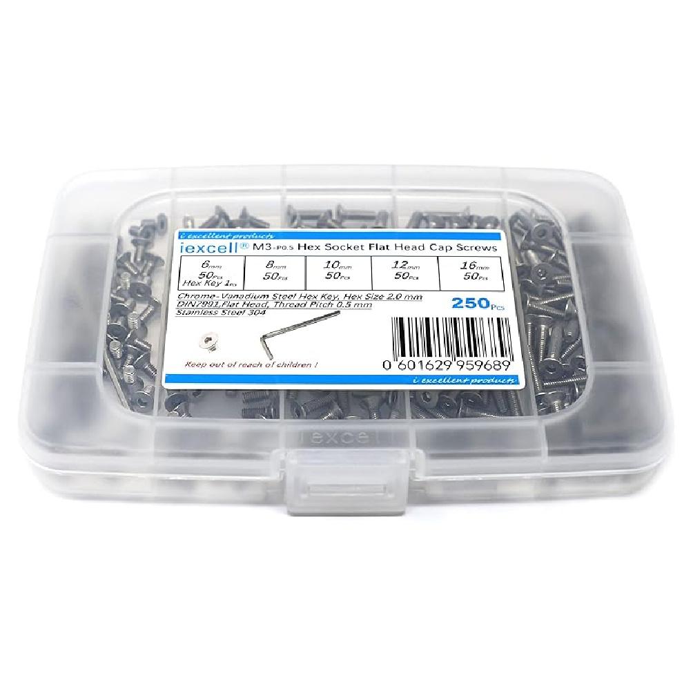 iExcell 1500 Pcs M3 x 4/6/8/10/12/16/20/25/30/35/40/45/50 Stainless Steel 304 Hex Socket Flat Head Cap Screws Blots Nuts Washers Assortment Kit