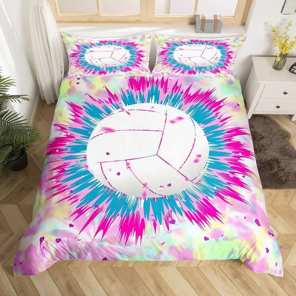 Set husă de pilotă volei, Set de lenjerie de pat cu tematică sporturi cu minge pentru băieți, adolescenți, decor dormitor, husă de pilotă neagră cu 2 fețe de pernă