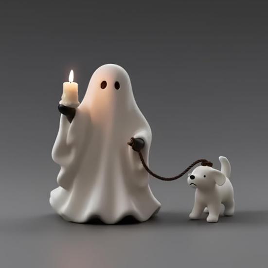 Ghost Pup Candle Holder Cute White Ghost Walking Dog Candlestick Resin Tabletop Figurine for Halloween Home Shelf Desk Decor