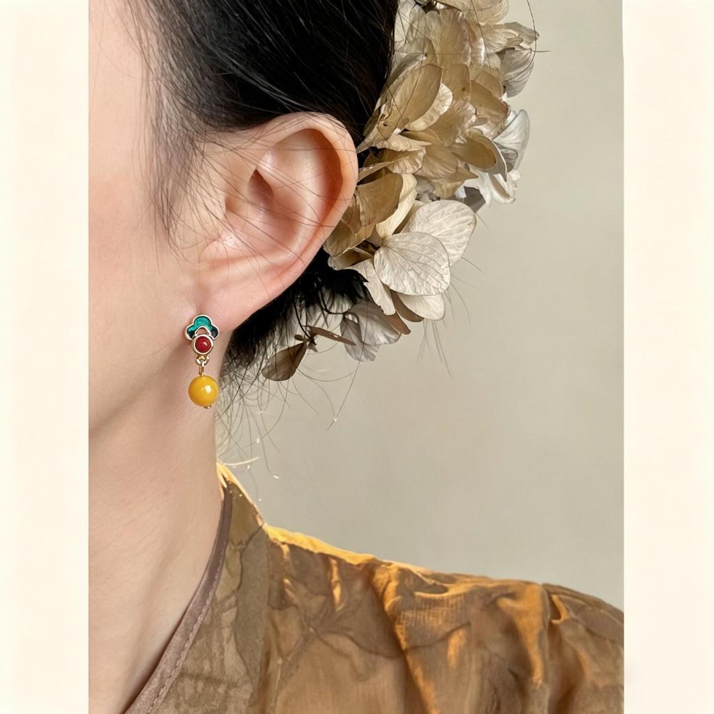 Vintage Cloud Enamel & Synthetic Amber Earrings - Tibetan Ethnic Style