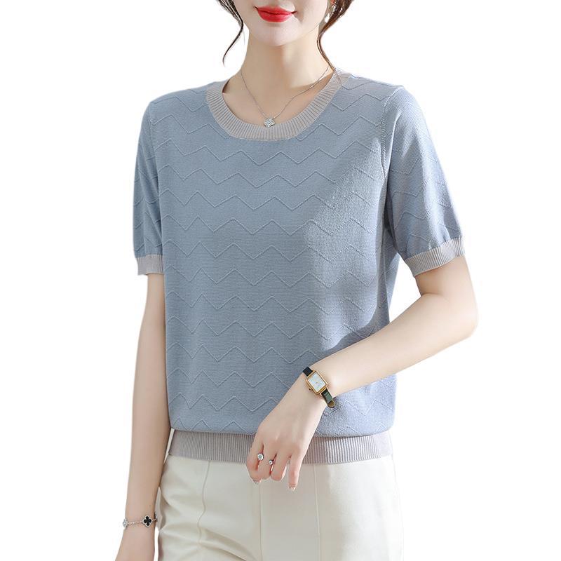 Stylish Ice Silk Short-Sleeve Knit Top for Middle-Aged Women