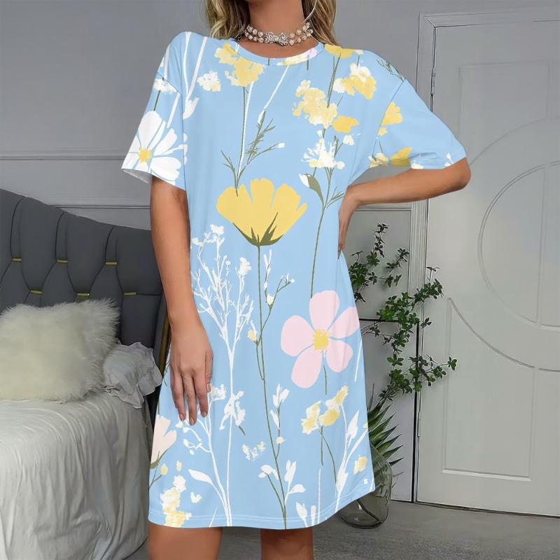 Floral T-Shirt Dress, Yellow & Pink Flower Print, Blue Summer Casual Wear L