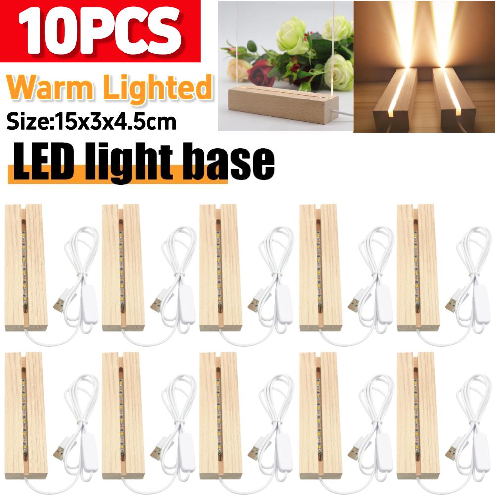 1-10PCS LED Wood Lights Display Base Acrylic Light Plate Base Warm Lighted USB Powered Resin Letter Lamp Bedside Night Lights