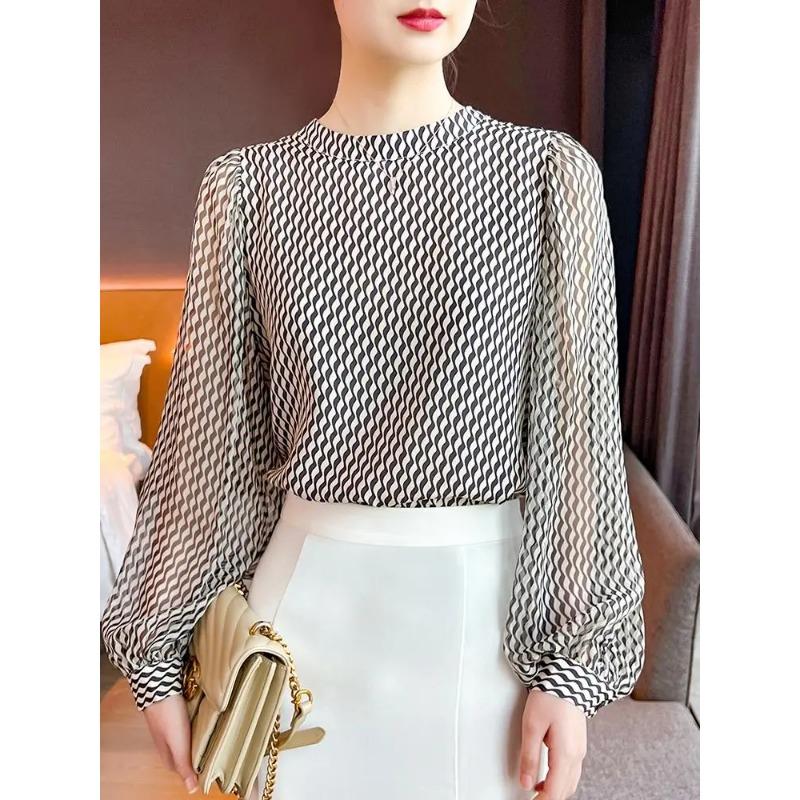 Wavy Striped Shirt Women s Spring and Autumn New Style Fashionable Stand-up Collar Loose Pullover Long-Sleeved Outer Top M