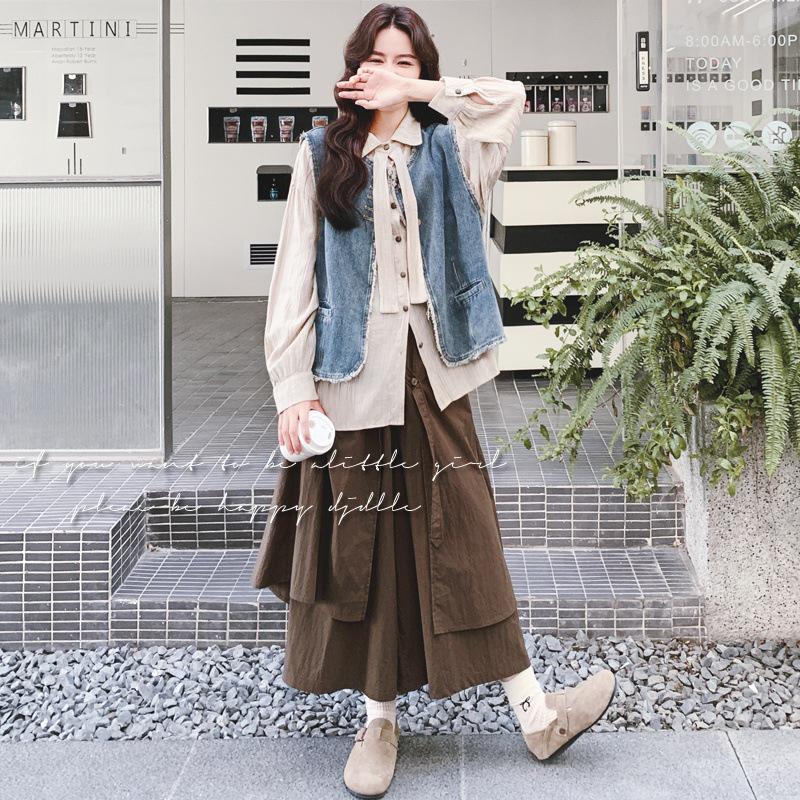 Women s 2025 Retro Apricot Shirt & Irregular Hem Denim Vest Three-Piece Layered Set S трехпредметный набор