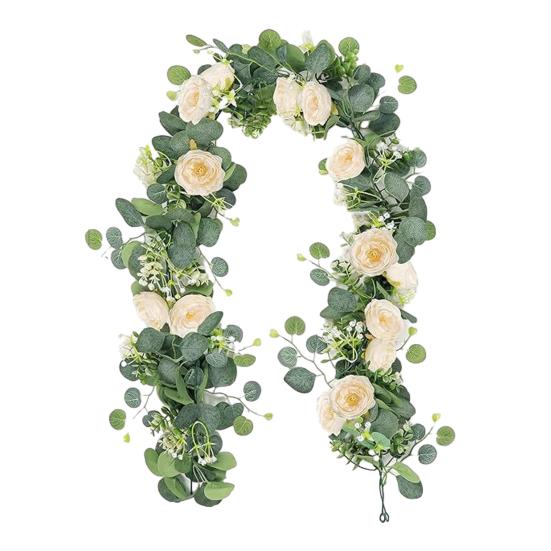 Artificial Eucalyptus Flower Garland with Rose Faux Floral Greenery Garland Fake Rose Flower Vine for Wedding Party Wall Backdrop Decor