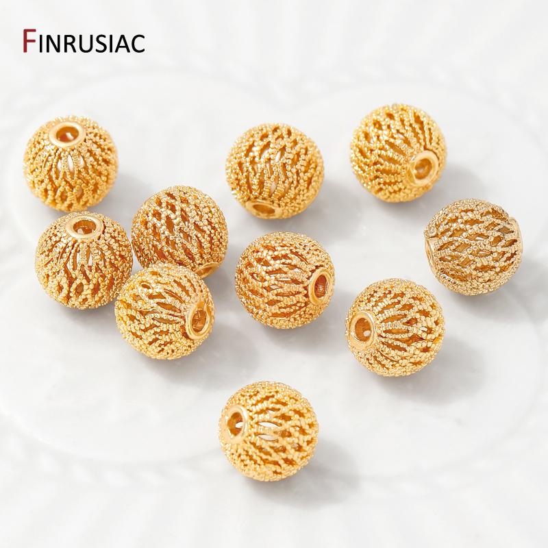 Cuentas Espaciadoras Redondas de Latón Chapado en Oro de 14K, Separadores de Cuentas de Bola Hueca de 8/10 mm para Accesorios de Fabricación de Pulseras y Collares DIY