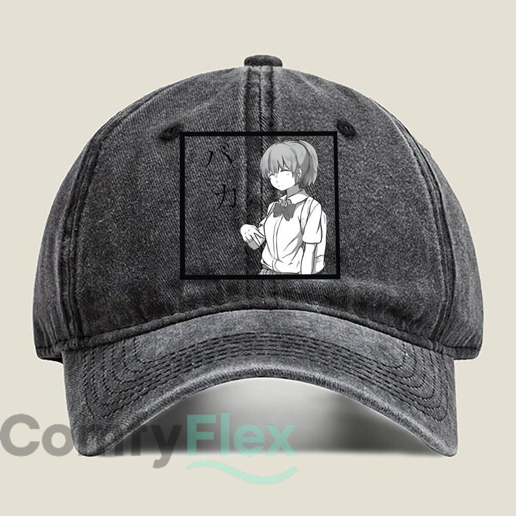Anime Girl with “Baka” Text Washed Baseball Cap