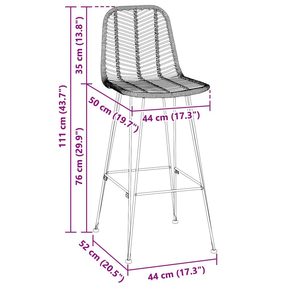 Barstool 2 Pcs 44 X 52 X 111 Cm Rattan and Iron