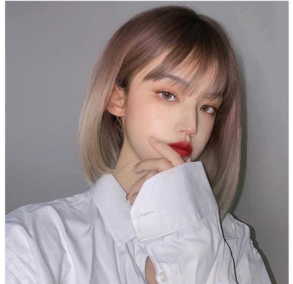 Eileen Bob Brown x Beige Parykk Naturlig Fluffy Parykk Rett Liten Ansiktseffekt Nett Inkludert Dame