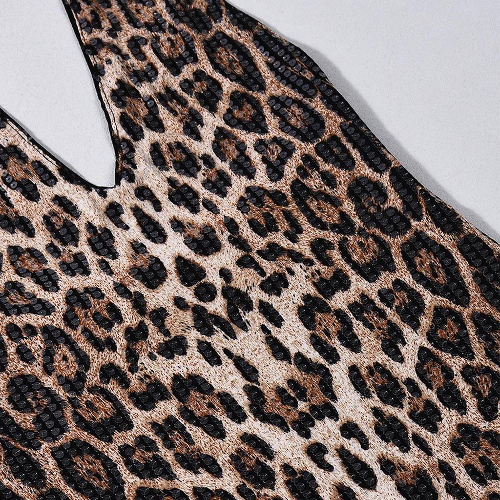European & American Leopard Print Sexy Slim-Fit Deep V Backless Dress for Women