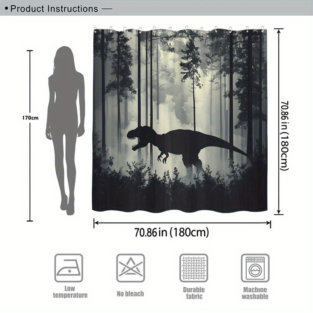 1Pc Horror T-Rex Dinosaur Shower Curtain In Misty Forest - Realistic Jurassic Design With 12 Hooks, 70X70 Inches, Dark Trees And