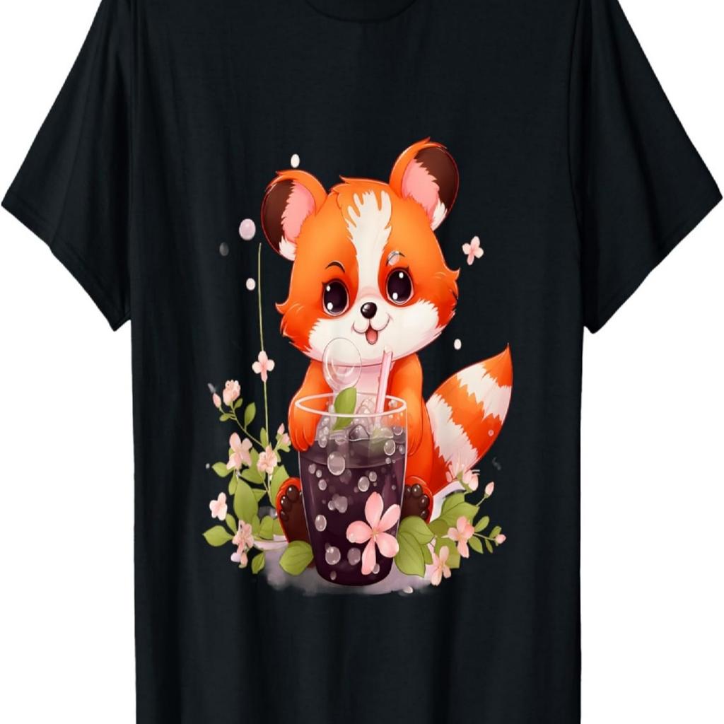 Kawaii Anime Red Panda Drinks Boba Tea Bubble Cherry Blossom T-Shirt(2)