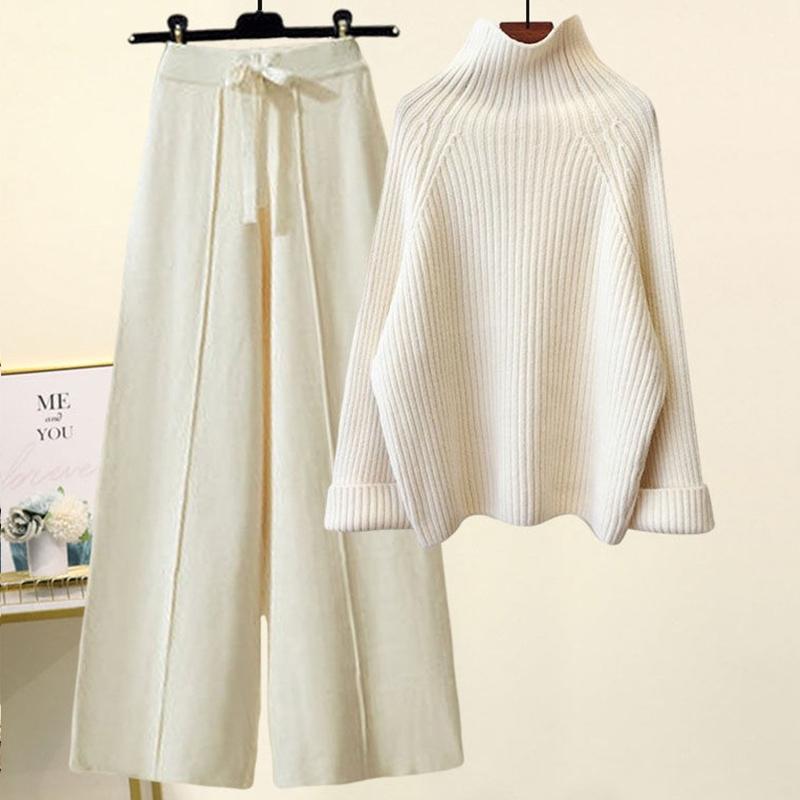 

2 шт./комплект осенне-зимний повседневный комплект из двух предметов: пальто, брюки, водолазка с длинным рукавом, вязаный свитер и свободные брюки, женская повседневная теплая верхняя одежда XXXXXL белый