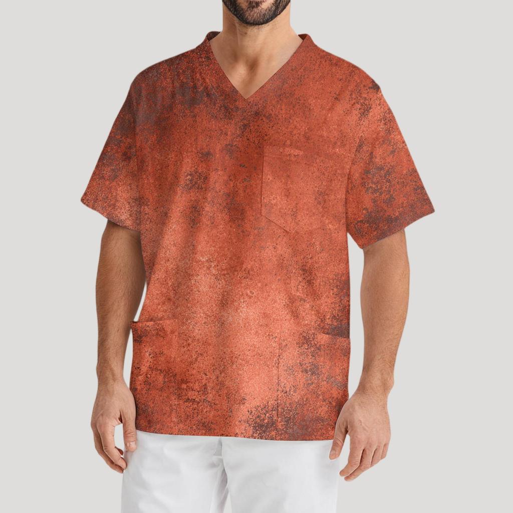 Men's Printing Short Sleeve V-neck Working Blouse Chest Pocket Carer Top