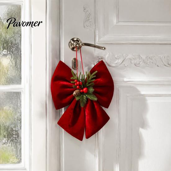 DIY Christmas Craft Supplies Velvet Bow, Burgundy Red Hanging Bow Ornament with Versatile Garland Decorations Berries Pine Cones for Holiday