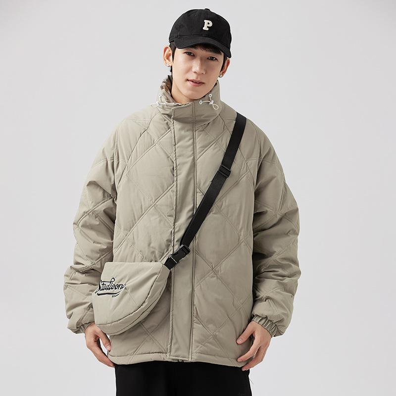 Winter trendy brand rhombus stand-up collar tooling white duck down jacket men's warm satchel 90 white duck down couple thick coat