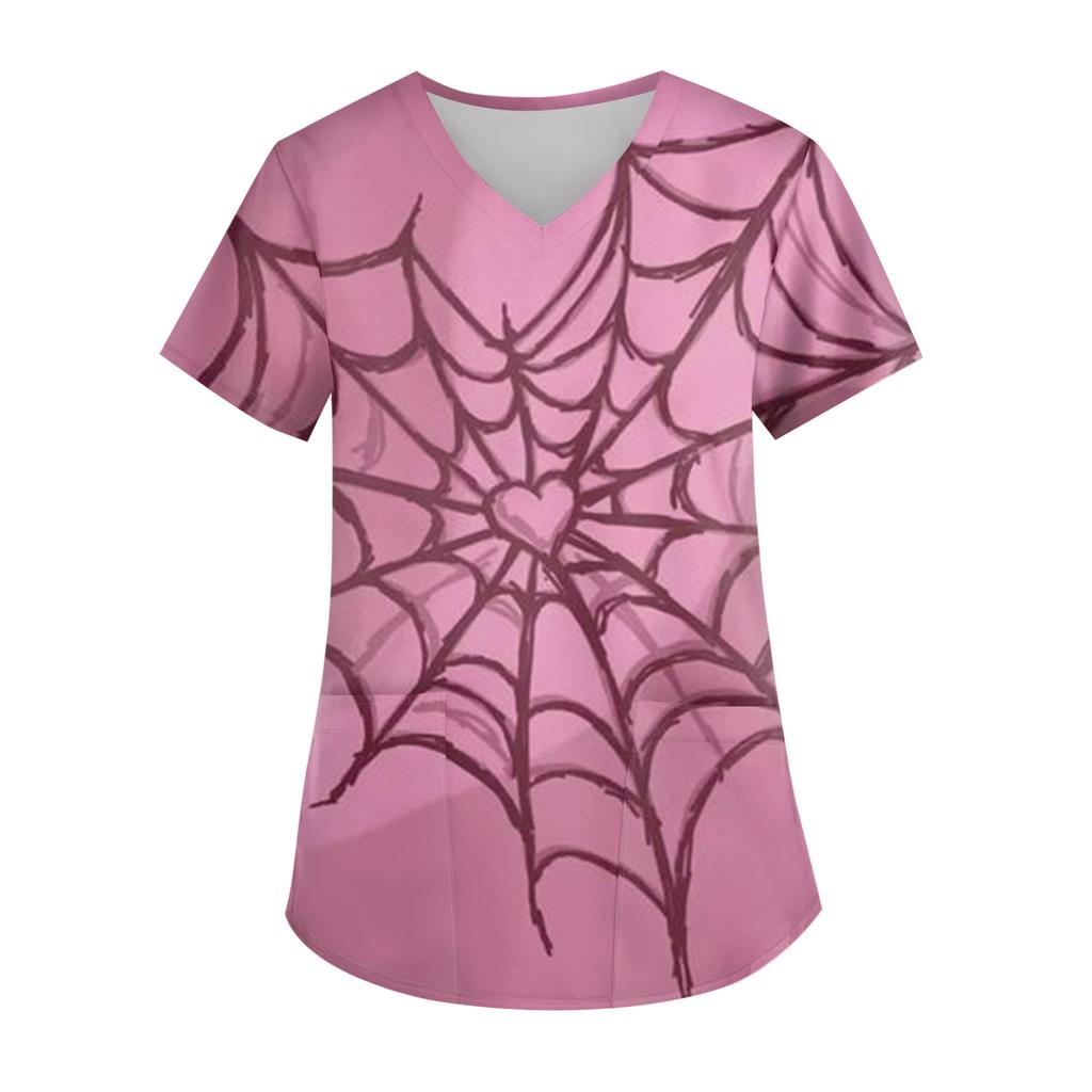 Ladies' Valentine's Day Printed Fashionable V-neck Pocket Short Sleeved Uniform And Caregiver Top
