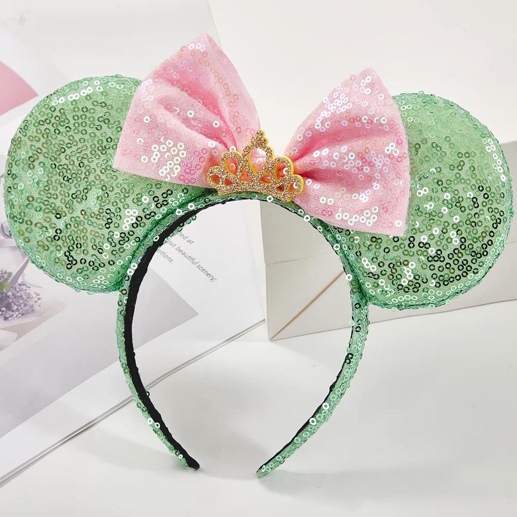 RAZKO Mouse Ear Headband, Sequined Green Mouse Ear Hairband, Animal Ear Headband for Women and Girls, Hair Accessories (Green Crown, Size L)