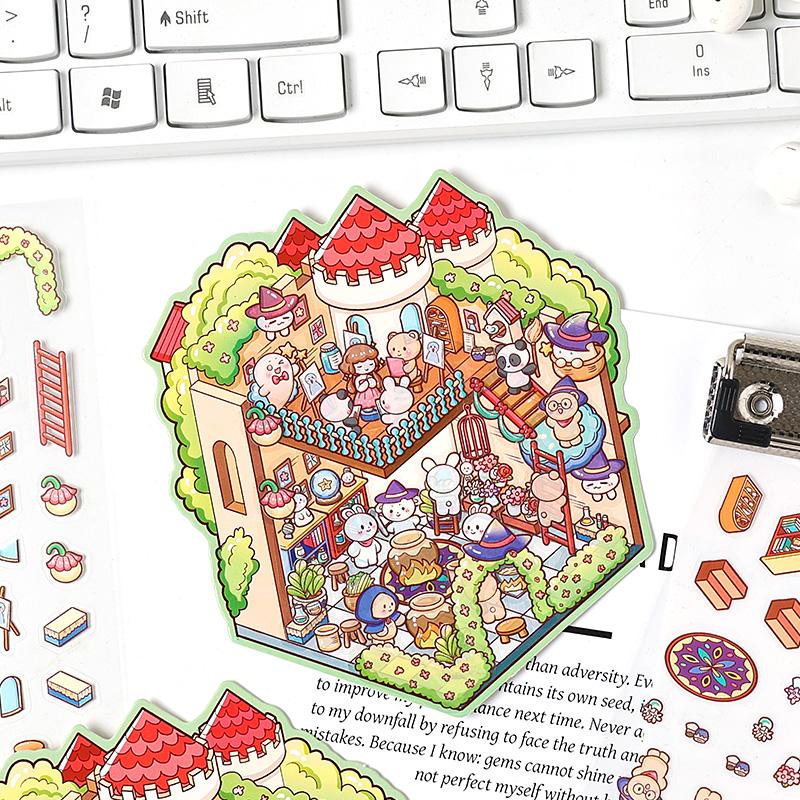 Kawaii Mini Cartoon Rainbow Castle Cabin Landscape Stickers Visual 3D Stacking Miniature Scene Pocket Cabin Children Stickers