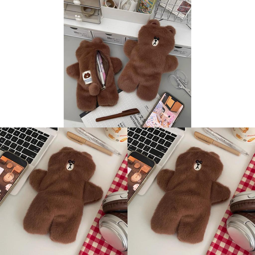 Brown Bear Plush Pen Bag Large Capacity Cute Soft Stationery Case For Girls