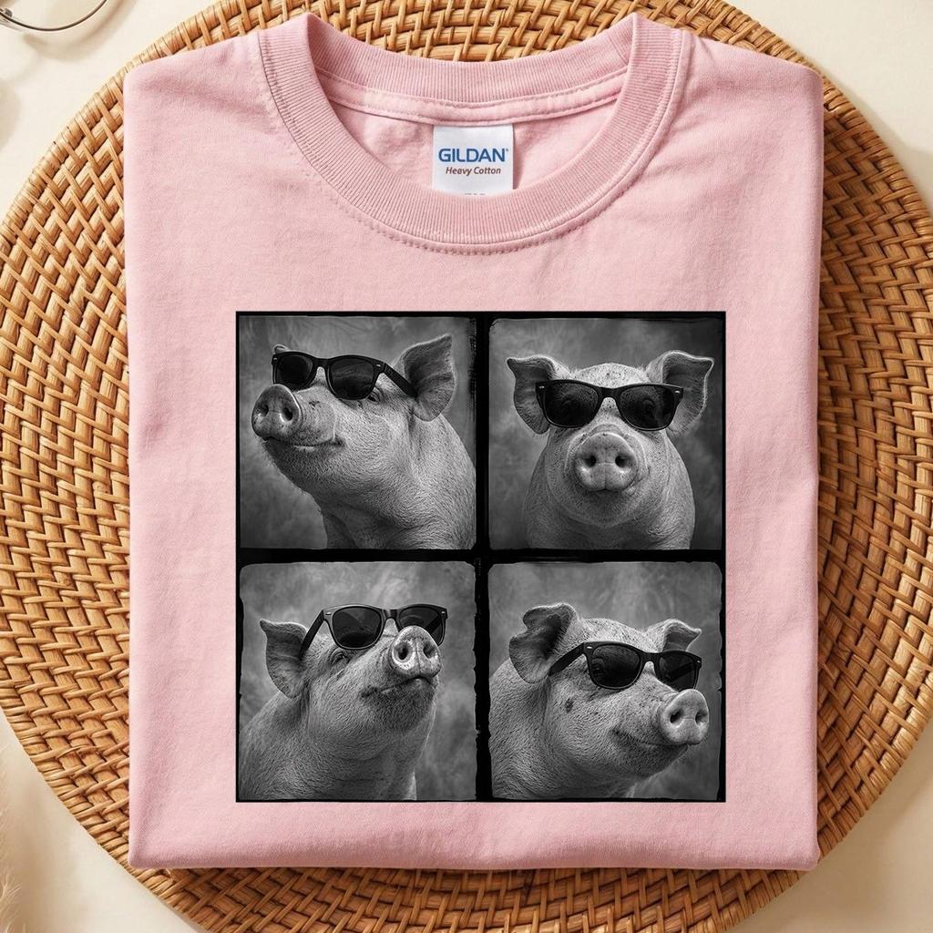 Cool Pig Sunglasses Shirt, Funny Pig Lover T-Shirt, Retro Farm Animal Graphic Tee, Cute Pig Portrait Collage Shirt, Pig Mom Tee