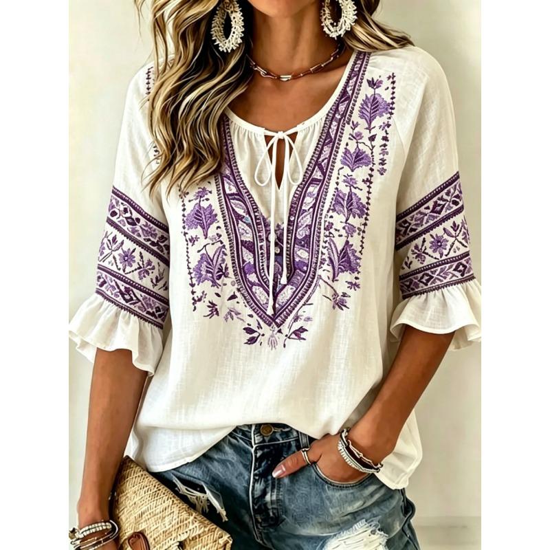 Damen Weiße Geblümte & Paisley Print Krawattenhals Bluse, Lässige Lockere Tops für Frühling Sommer Tägliches Tragen & Urlaubsanlässe