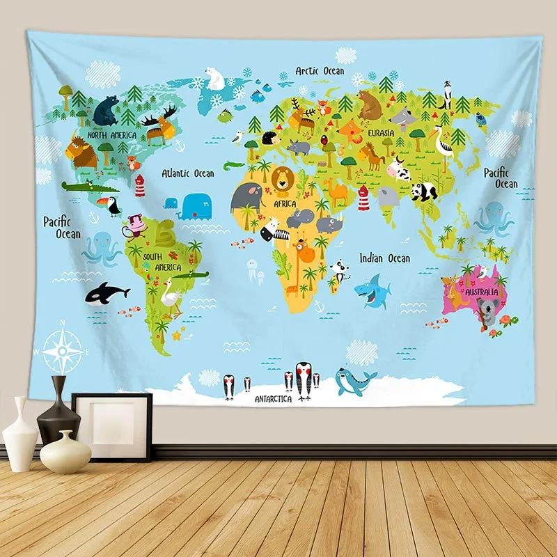 Nordic Style Animal World Map Tapestry Wall Hanging Children's Room Living Room Decor Beach Towel Thin Blanket Yoga Shawl Mat