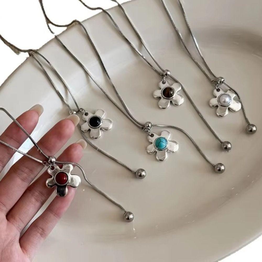 Metal Flower Flower Pendant Necklace Brown Stone Long Sweater Chain For Women