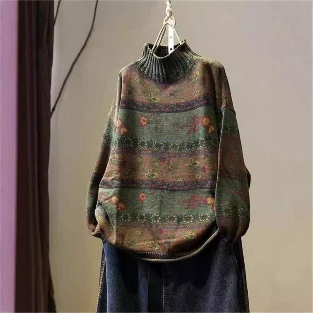 Korean Vintage Floral Print Mock Neck Casual Loose Sweater Woman Autumn Fashion Long Sleeves Sweater